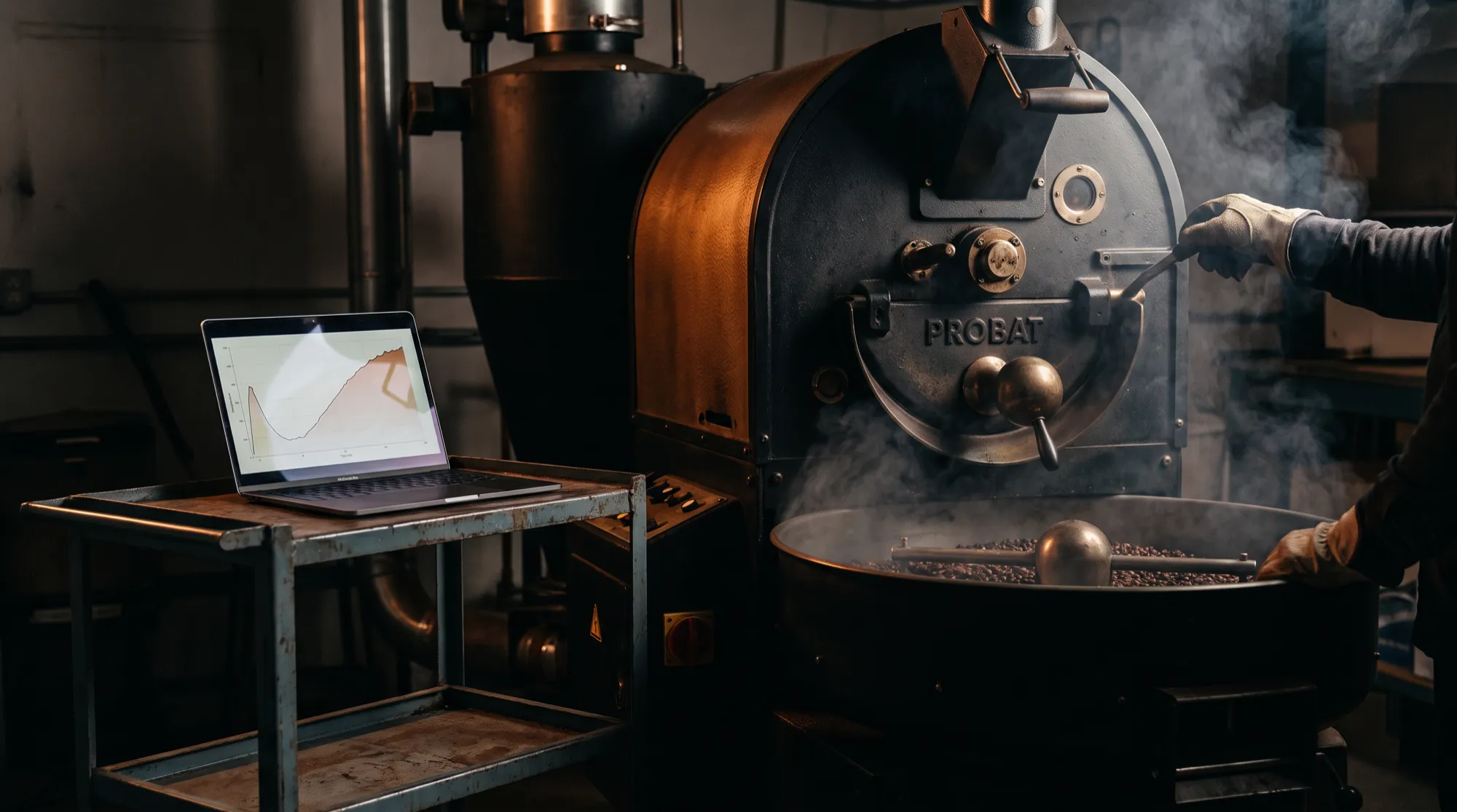 Probat P12 drum mid-roast with a laptop showing the roast curve beside it