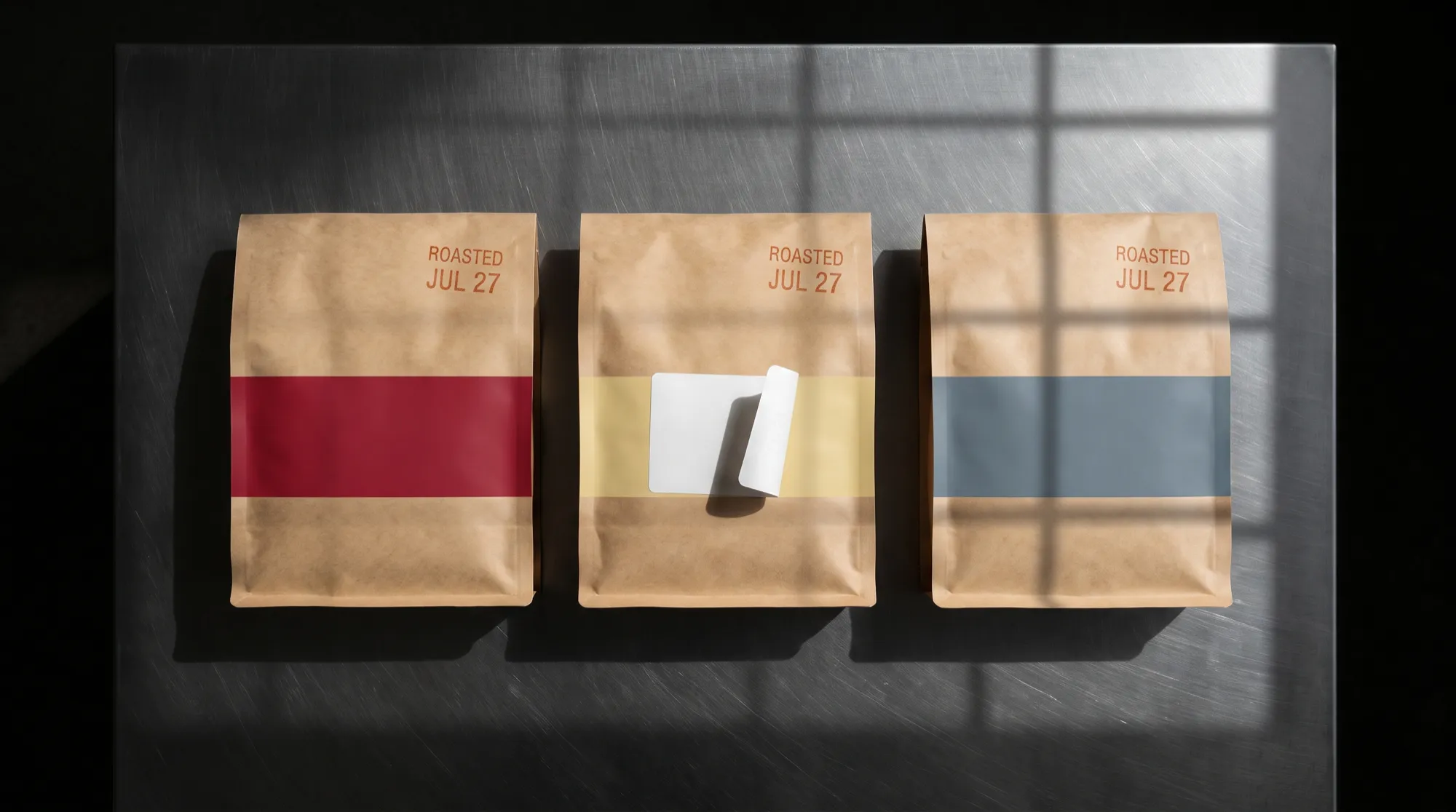Overhead flat-lay of three stamped coffee bags with a shipping label on dark steel