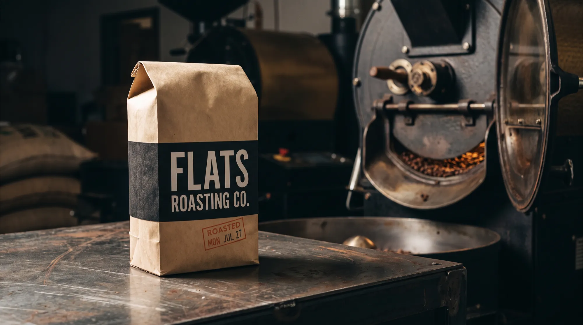 Matte kraft coffee bag on a steel workbench beside an open roaster drum, roast date stamped in burnt orange